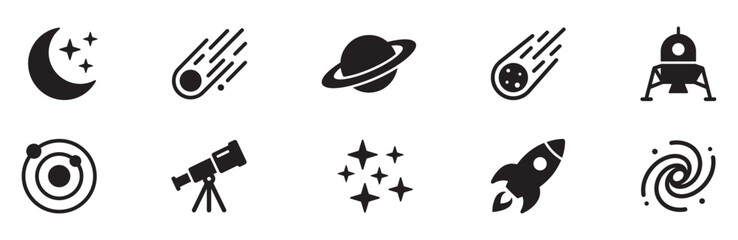 Space exploration, planets, and astronomical symbols icon set. Moon, stars, rocket, satellite, and galaxy icons. Vector illustration. © Roberto_Caravelli