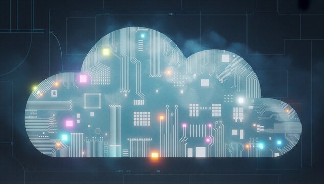 Digital cloud silhouette with circuit pattern representing cloud security concept and data protection.