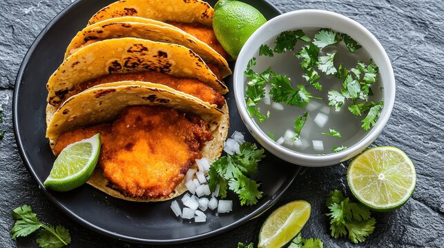 Premium birria tacos consomme with golden crispy tortillas, clear broth, fresh cilantro and lime garnish on dark restaurant plate