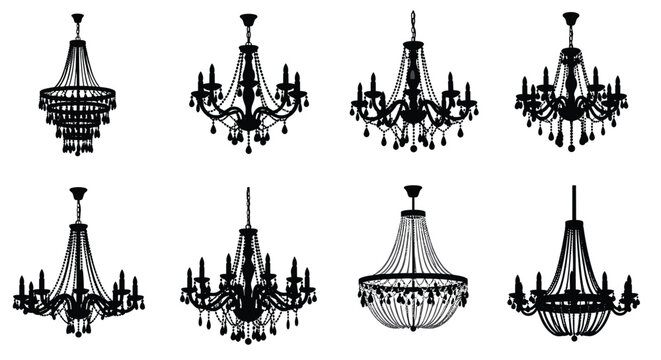 Collection of various chandelier silhouettes in classic and elaborate designs for interior lighting and decor.