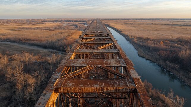 Bridge structural angles vintage American railroad trestle aerial perspective weathered steel beam framework golden hour lighting natural prairie landscape