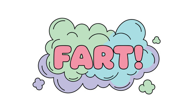 Playful and colorful comic style graphic of the word fart written in big pink letters inside a fluffy cloud of green blue and purple colors.