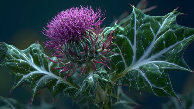 A detailed close-up of a vibrant purple milk thistle flower blooming in nature