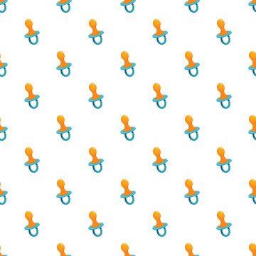 Orange and blue baby pacifiers forming a repeating background pattern over white