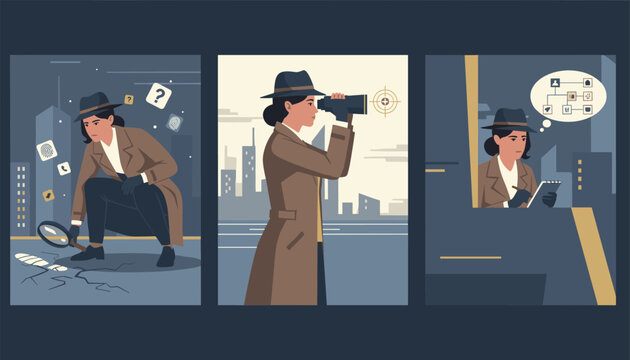 Professional female detective investigating various crime scenes using a magnifying glass binoculars and taking notes.