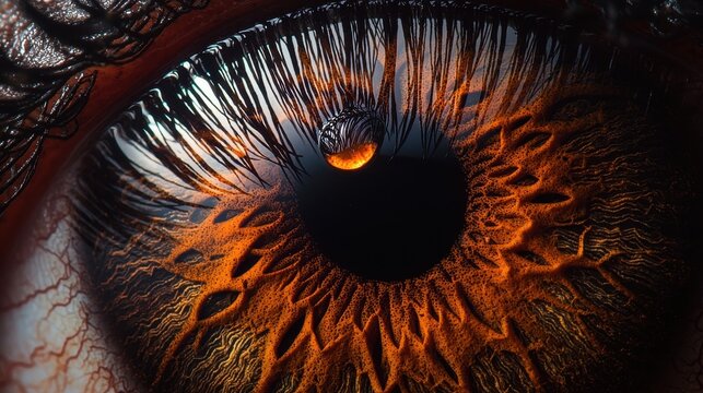 Macro close-up of human iris color gradient displaying amber orange brown radial patterns with detailed texture and eyelash frame