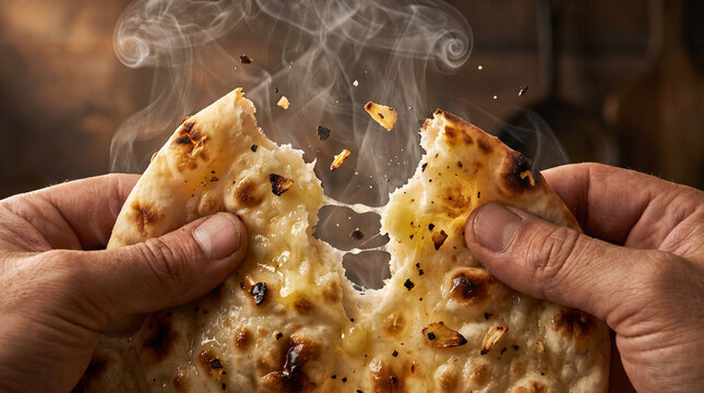 Extreme Macro Tearing Hot Garlic Naan Bread with Dripping Ghee