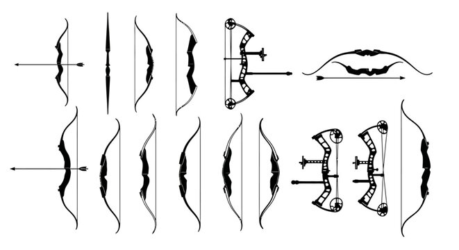 Archery bow silhouette collection, professional recurve and compound bow vector set, traditional hunting equipment icons for sports and competition