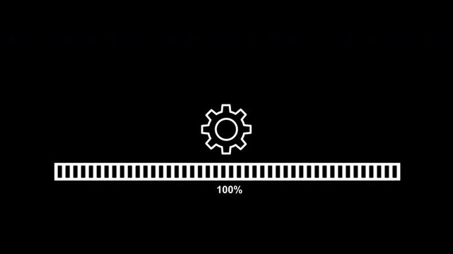 Retro pixel  Progress Bar Loading with Rotating Gear Icon on Black Background,4K