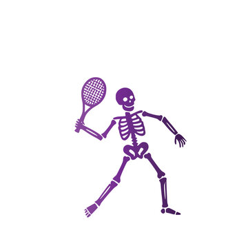 Spooky Halloween dead skeleton bone character playing sports swinging a tennis racket purple gradient silhouette vector graphic icon for festive athletic design