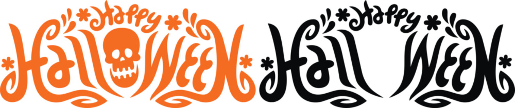 Decorative happy halloween title featuring curly orange script with skull icon and black silhouette version for holiday layout vector illustration sign.