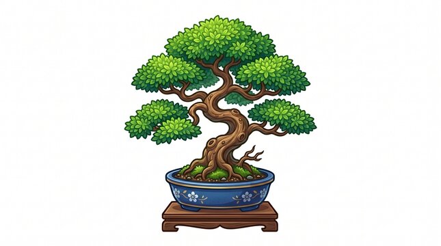*Cartoon bonsai tree with lush green leaves, twisted trunk, in a blue floral pot on a wooden stand. Detailed vector illustration.*