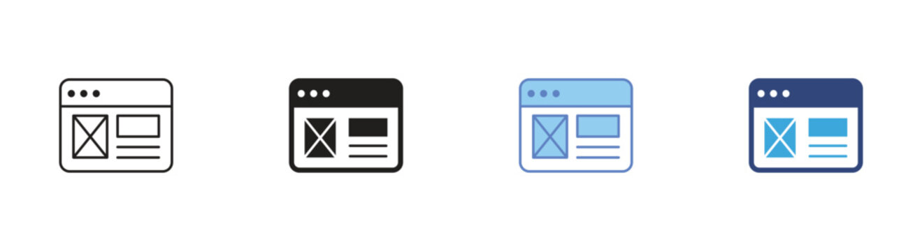 Website wireframe icon set, Browser layout symbols, UI UX template vector icons, Web design mockup signs, Interface structure vector icons