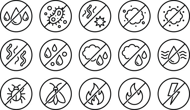 Antibacterial and material protection line icons set with waterproof anti allergen dust insect and fire proof properties
