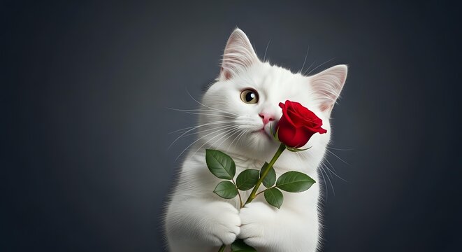 White fluffy cat holding red rose with green leaves against dark background, isolated for greeting cards, love and romance designs, pet portraits.