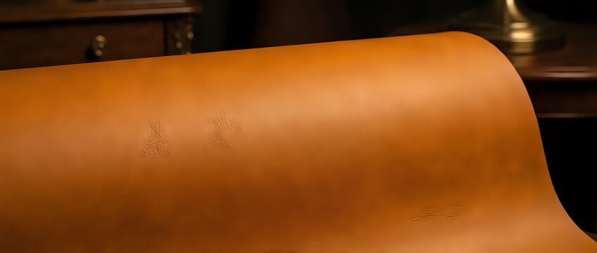 Rolled cognac leather material with smooth texture and warm tone, suitable for upholstery, fashion design, and interior decoration projects.