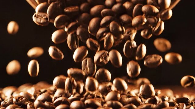 Roasted coffee beans falling against a dark background
