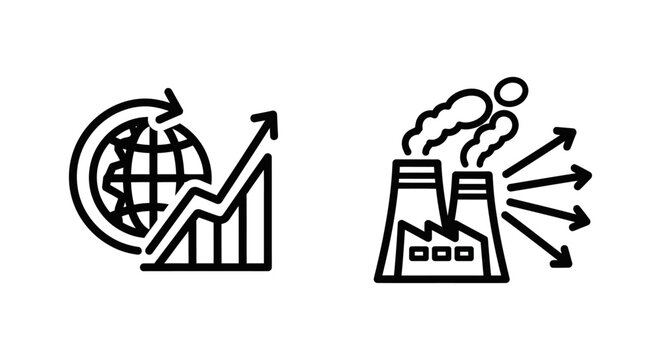 Climate change scenario data analysis and industrial emission pathway flow icons with emission industrial analysis pollution environment scenario production strategy forecast