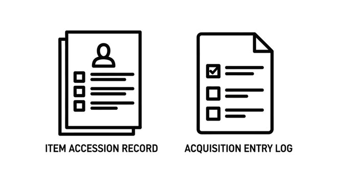 Item accession record and acquisition entry log documentation icons with accession acquisition document checklist administration business database management bureaucracy paperwork