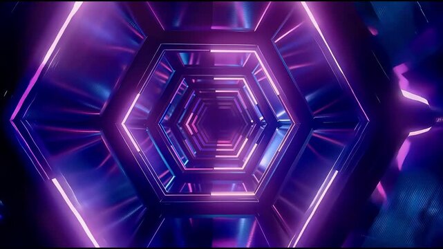 Purple and blue hexagonal neon sci-fi tunnel flight. 4K Video