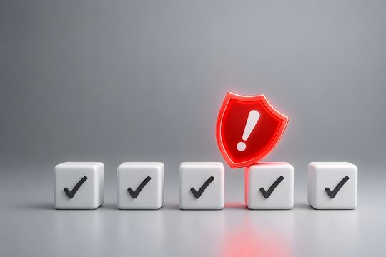 Glowing red shield icon among white checklist blocks conceptualizing anomaly detection risk assessment and security alert in process