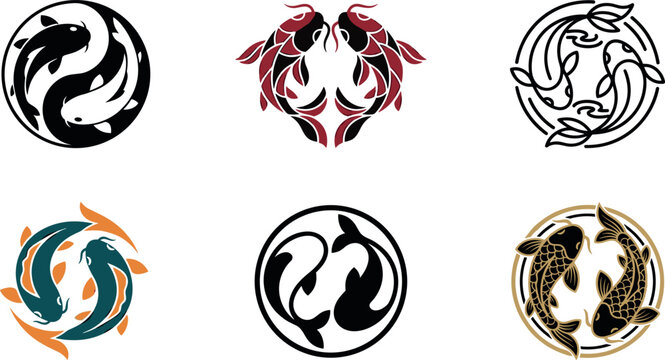 Japanese koi fish vector emblem collection featuring traditional nishikigoi carp swimming in circles with yin yang concepts and creative asian zodiac pisces logos (23 words)