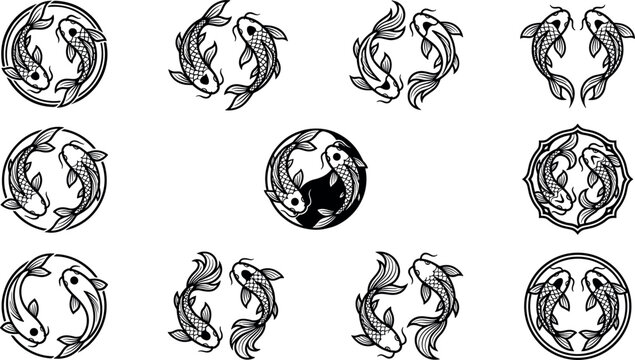 Japanese koi fish line art vector illustration collection featuring traditional nishikigoi carp swimming in circles with yin yang and zodiac pisces emblem designs (23 words)