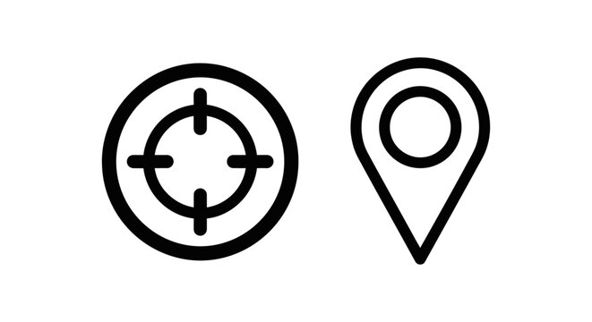 Target sight and map location pin outline icon set with location navigation destination illustration minimalist pictogram position bullseye crosshair tracking objective precision