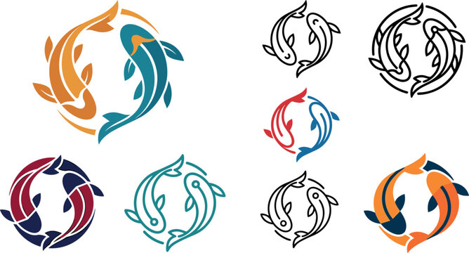Japanese koi fish vector emblem collection featuring minimalist nishikigoi carp illustrations with modern circular linework yin yang symbols and creative zodiac pisces logos (23 words)