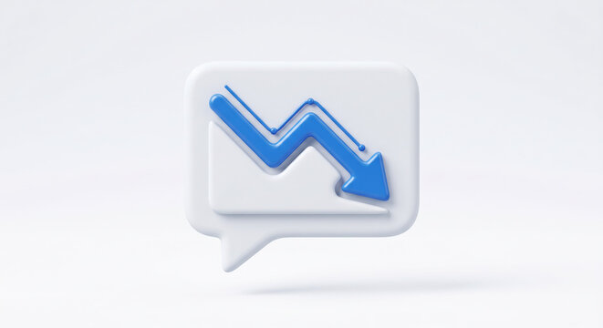 3D illustration of a financial decline graph with a blue downward arrow inside a speech bubble