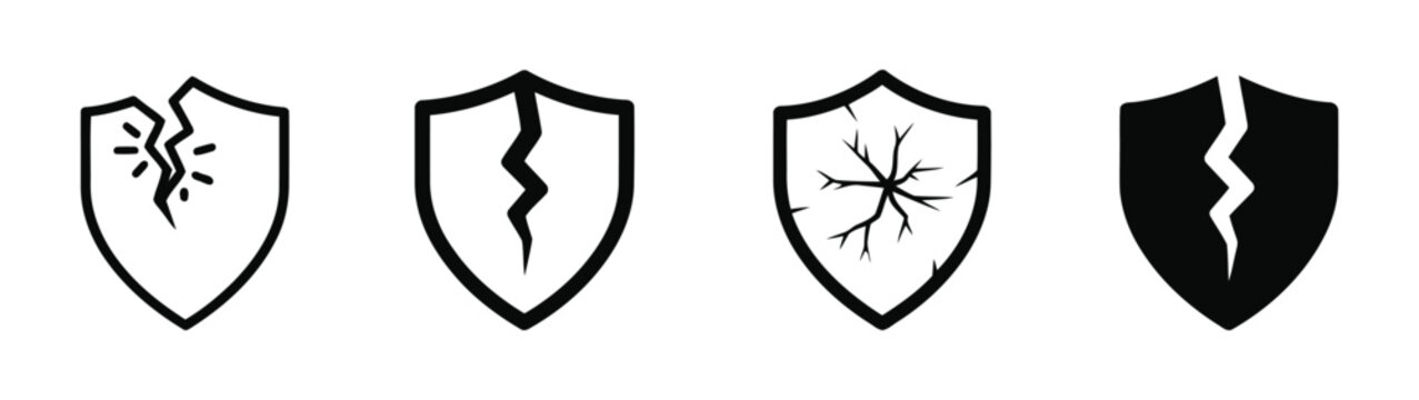 Broken shield icon line concept, linear symbol. Broken shield icon vector Illustration logo template pack. Cracked shield icons set in black and blue, Symbolizing broken protection vector illustration