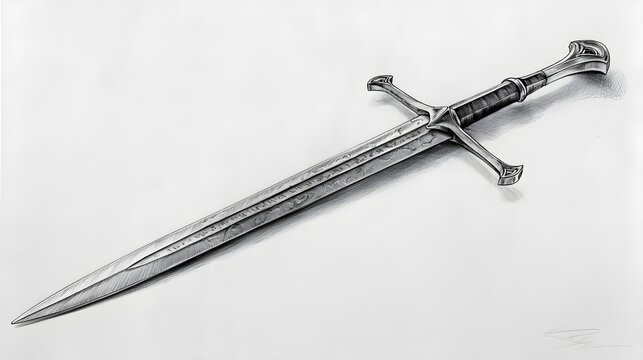 sword drawing concept with detailed pencil sketch medieval weapon art illustration style realistic lighting commercial stock photography