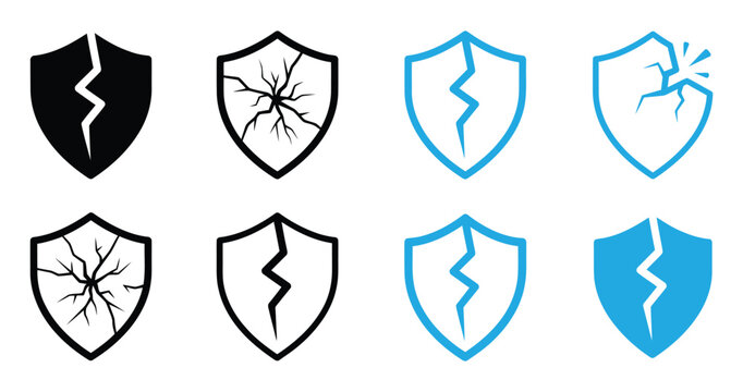 Broken shield icon line concept, linear symbol. Broken shield icon vector Illustration logo template pack. Cracked shield icons set in black and blue, Symbolizing broken protection vector illustration