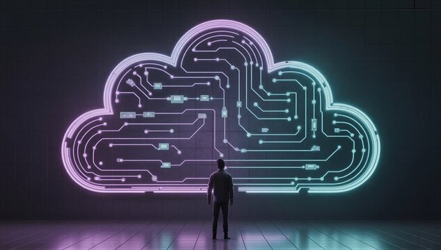 Silhouette of person facing illuminated circuit styled cloud symbolizing cloud security concept and data protection