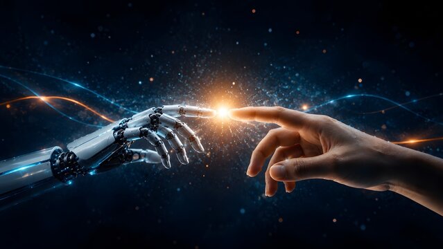 Human machine interaction and digital transformation concept with robot and human hands connecting in futuristic cyberspace