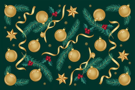 Festive christmas background, pattern with golden, ornaments, pine branches, holly berries, ribbons, and stars on, a dark green backdrop