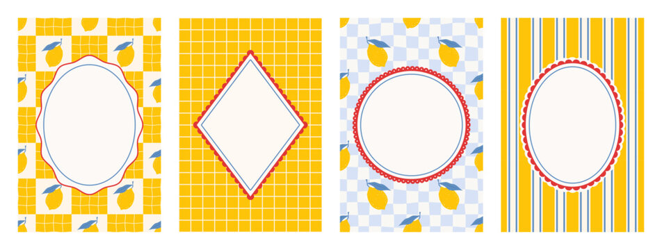 Set of Italian summer seamless pattern and frames with scallop lace. Mediterranean print with hand drawn yellow lemons. Design for posters and cards. Vector illustration collection