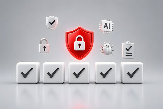 Glowing red security shield and padlock among white checkmark blocks with artificial intelligence and bug icons representing threat detection concept
