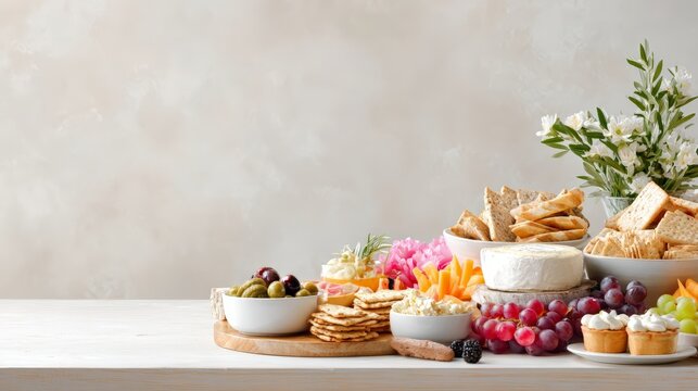 Wide cheese board and appetizer spread with crackers olives grapes and dips for rustic banner background and catering display