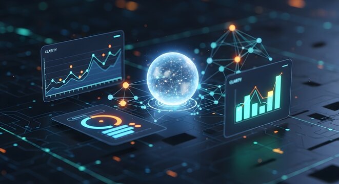 AI and Big Data Analytics: Futuristic digital interface with glowing data sphere, charts, graphs, and circuit board.