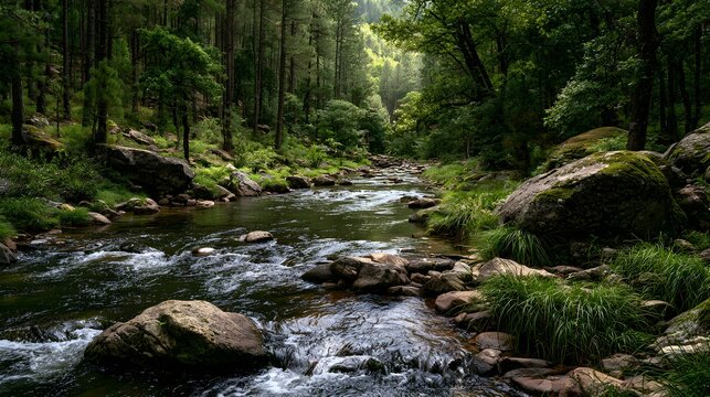forest mountain stream concept with lush greenery and natural water flow wilderness landscape realistic lighting commercial stock photography