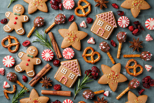 Flat lay of assorted christmas gingerbread cookies, candy canes, cinnamon sticks, and chocolate pops on a dark textured grey stone background
