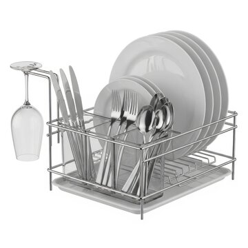 chrome dish rack with plates, cutlery, and wine glass.