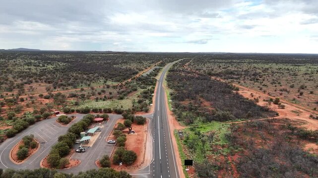 Aerial View of Stuart Highway at the Border Rest Area Between South Australia and the Northern Territory, Australian Outback