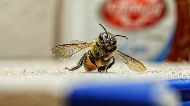 Detailed macro photography capture of a small fuzzy honey bee resting on a textured fabric surface with soft natural lighting and a blurred background featuring bright blue and red accents.