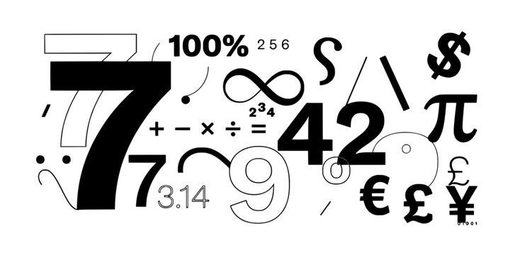 Mathematics Symbols Abstract Background with Overlapping Numbers, Operators, Pi, Infinity, and Geometric Shapes on White