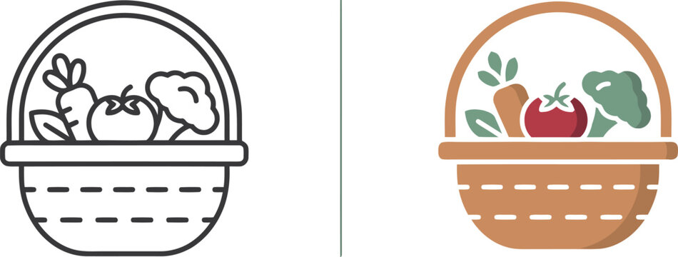 Wicker basket with fresh vegetables icons, flat vector harvest hamper set, organic produce in brown basket, farm to table grocery illustration isolated PNG with Transparent Background