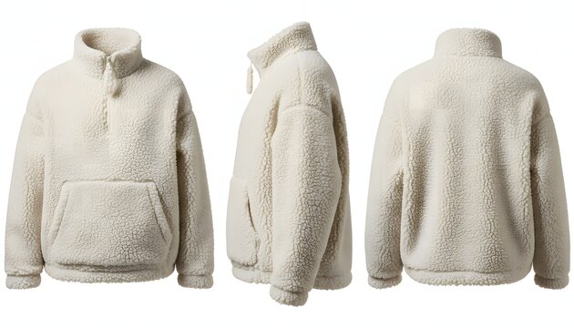 Off white sherpa fleece quarter zip jacket mockup with pouch pocket from front, side, and back views isolated on white.