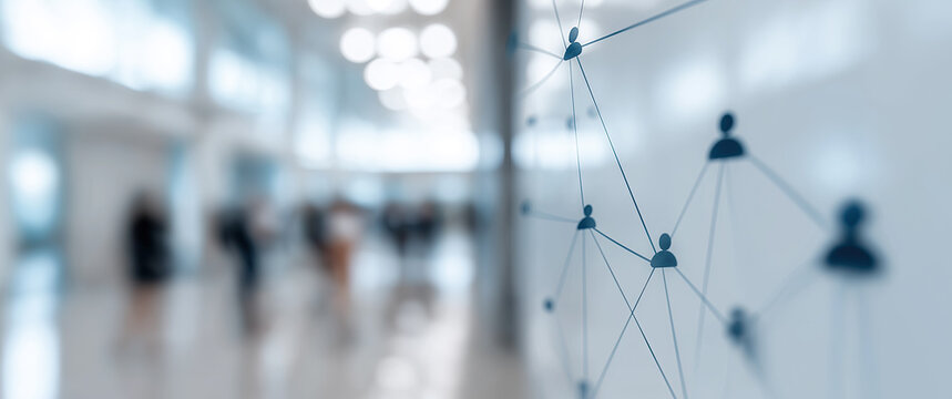 A digital network diagram connecting stylized dark blue human profile avatars overlaying a bright, blurry modern corporate office hallway.