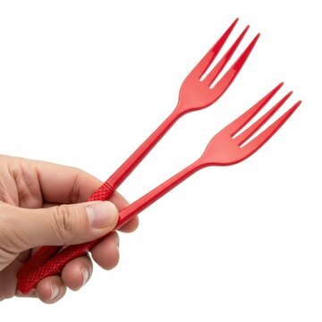 Hand holding two red plastic forks.